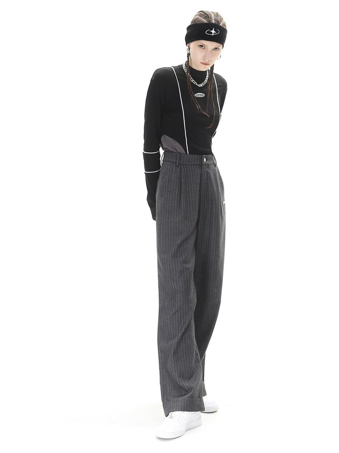 ANYQUESTION Dark Gray Striped High Waist Folded Hem Straight Women&