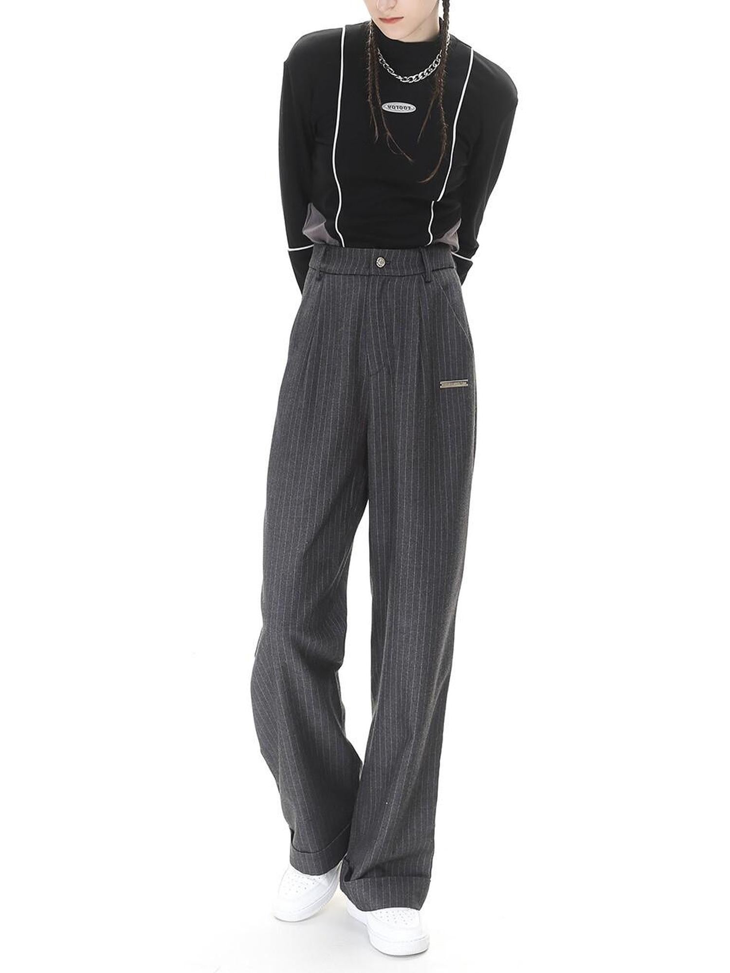 ANYQUESTION Dark Gray Striped High Waist Folded Hem Straight Women&