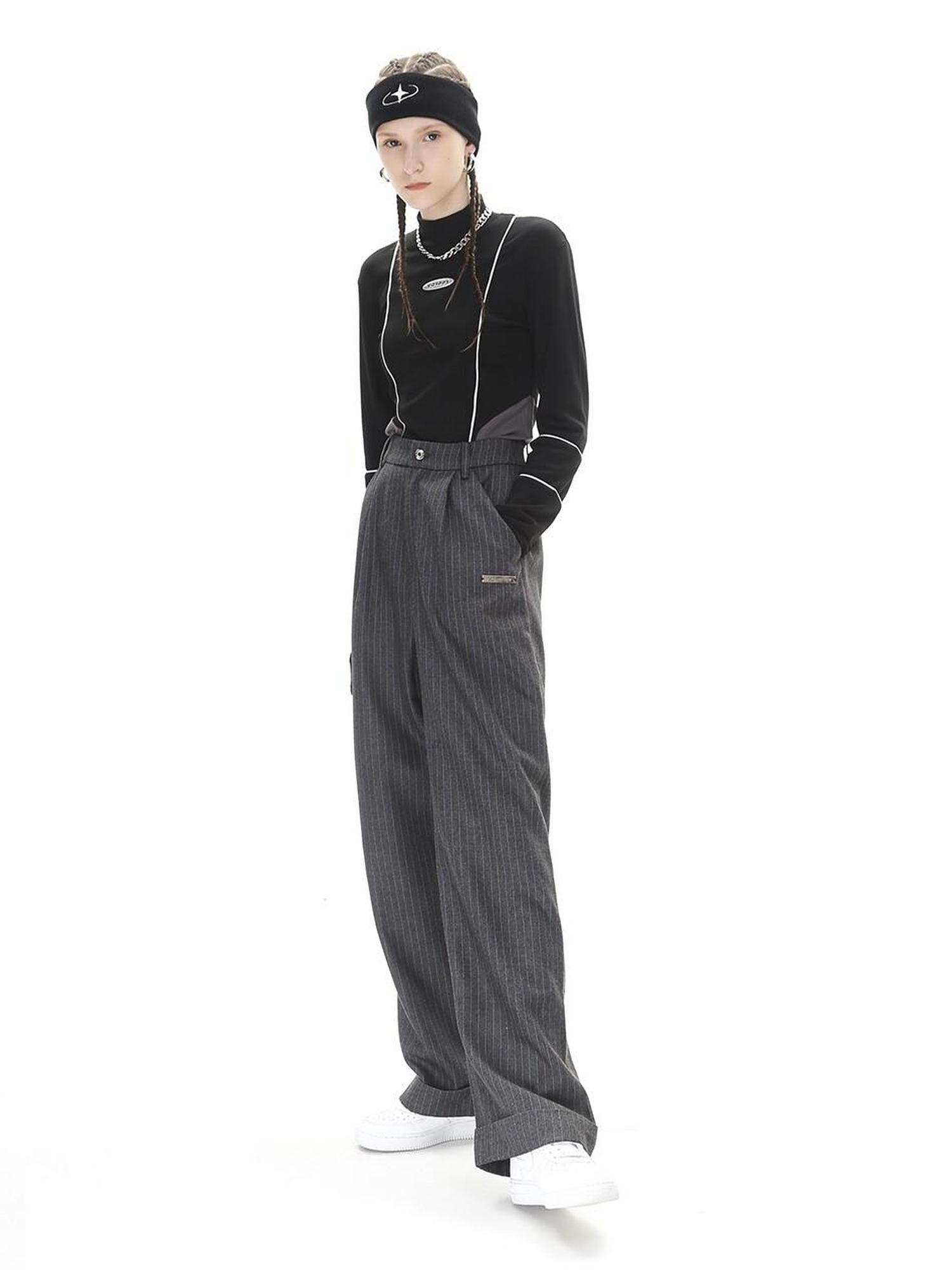 ANYQUESTION Dark Gray Striped High Waist Folded Hem Straight Women&