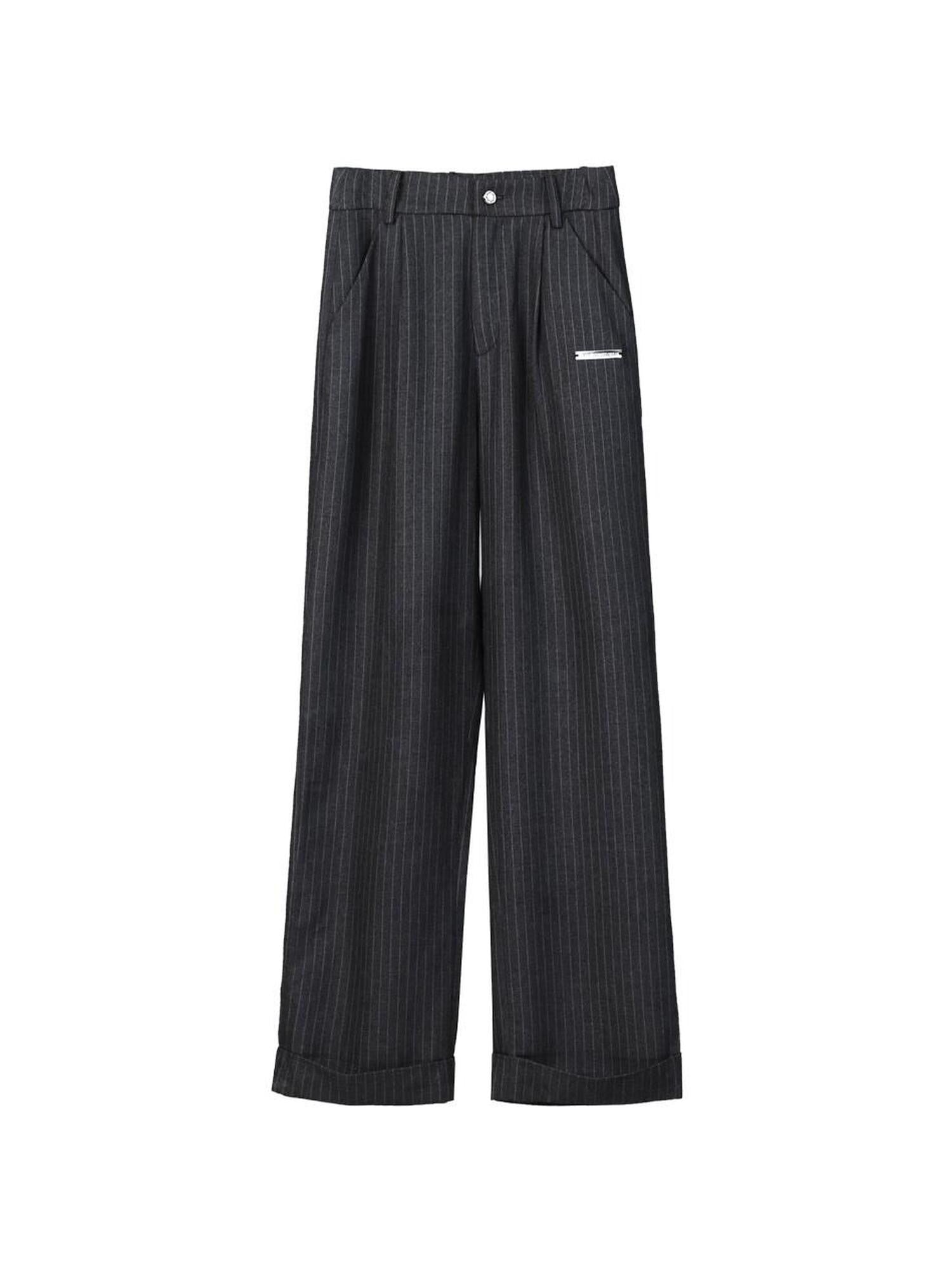ANYQUESTION Dark Gray Striped High Waist Folded Hem Straight Women&