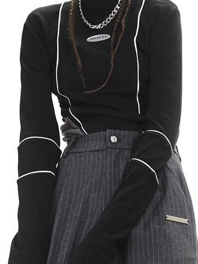 ANYQUESTION Dark Gray Striped High Waist Folded Hem Straight Women&