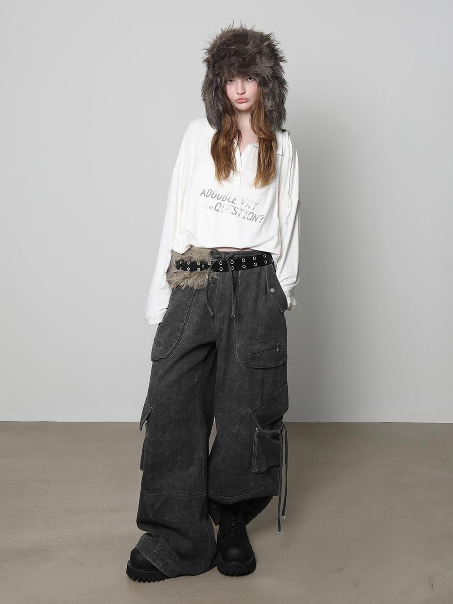 ANYQUESTION Dark Gray Washed Distressed 3d Pocket Loose Women&