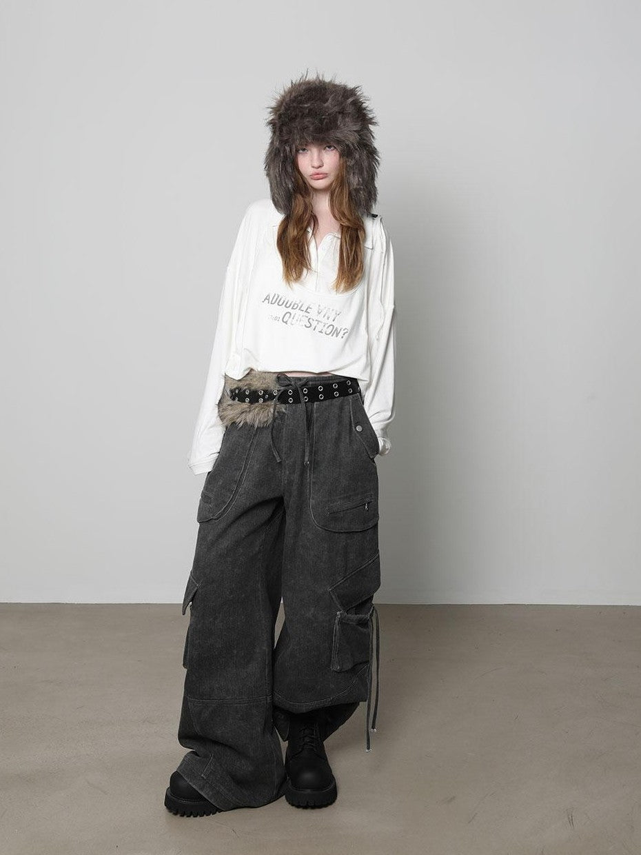 ANYQUESTION Dark Gray Washed Distressed 3d Pocket Loose Women&