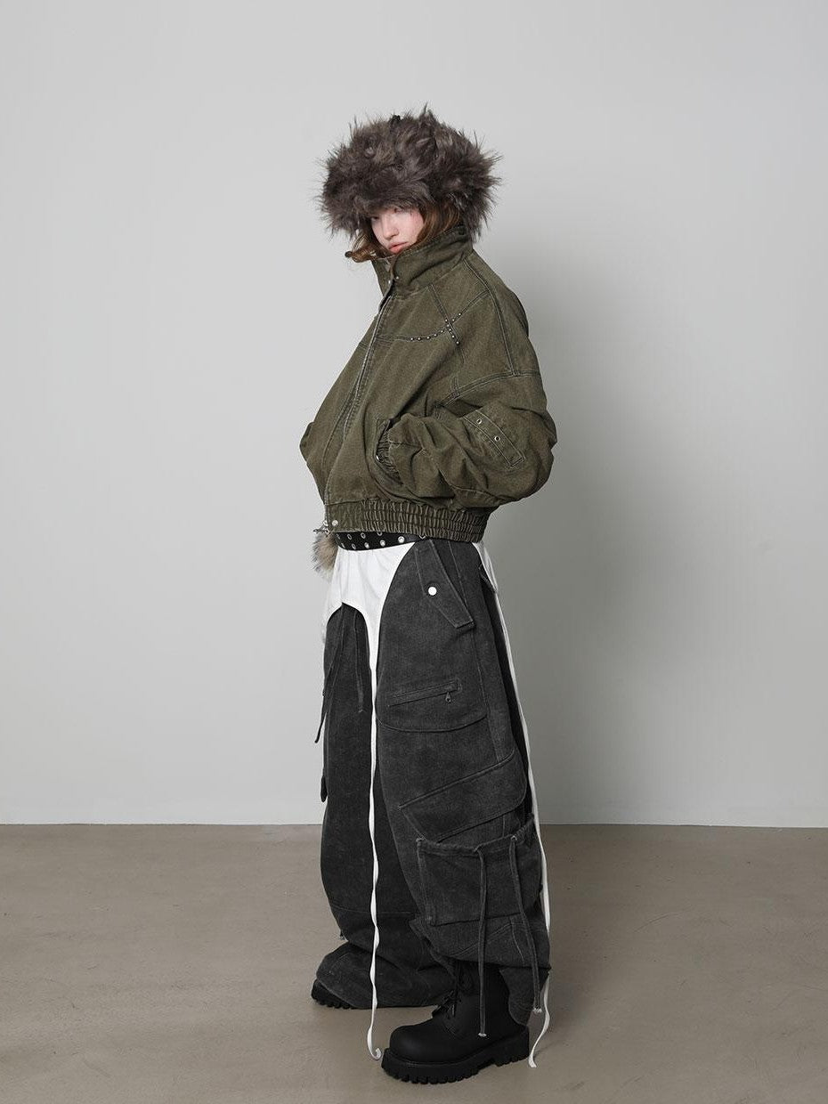 ANYQUESTION Dark Gray Washed Distressed 3d Pocket Loose Women&