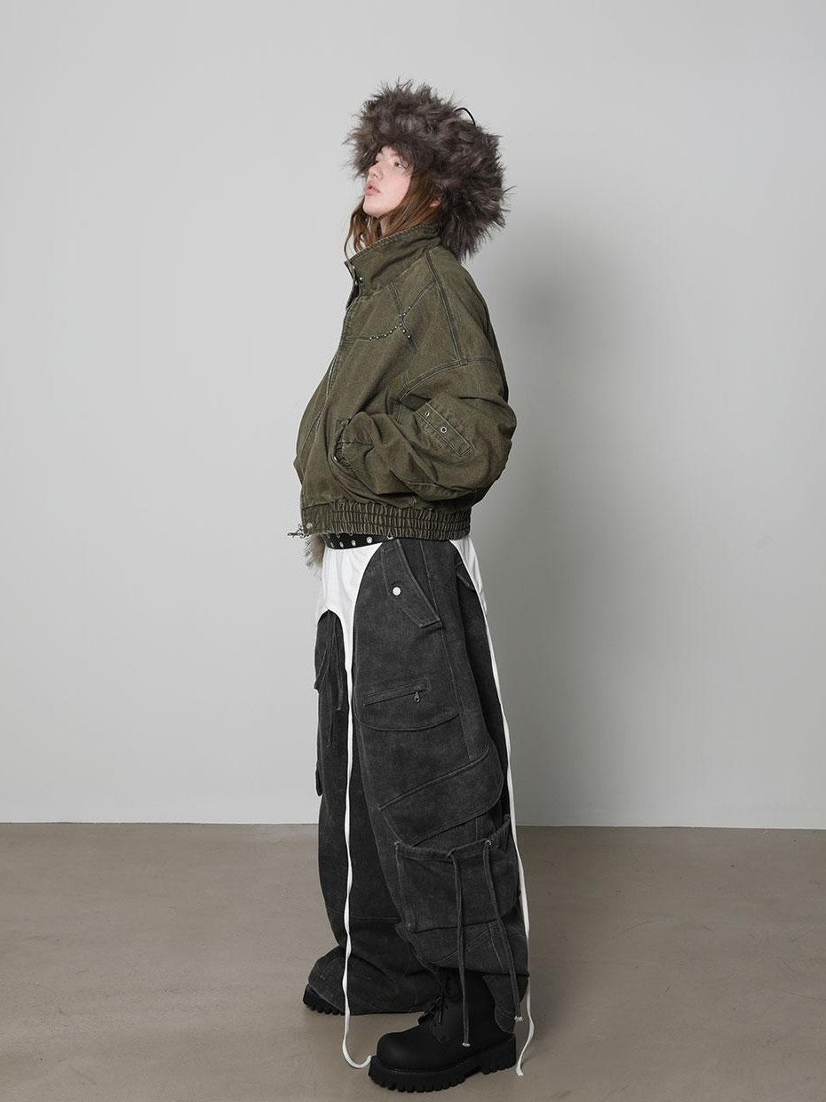 ANYQUESTION Dark Gray Washed Distressed 3d Pocket Loose Women&