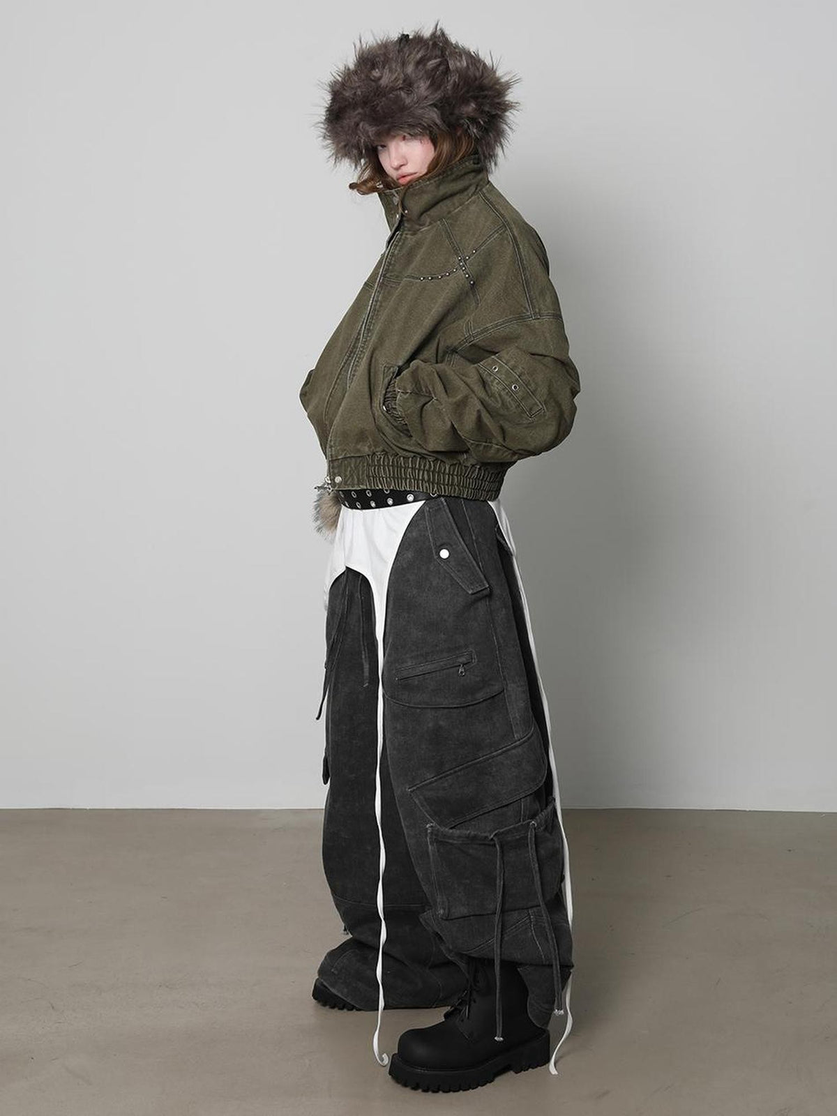ANYQUESTION Dark Gray Washed Distressed 3d Pocket Loose Women&