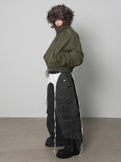ANYQUESTION Dark Gray Washed Distressed 3d Pocket Loose Women&