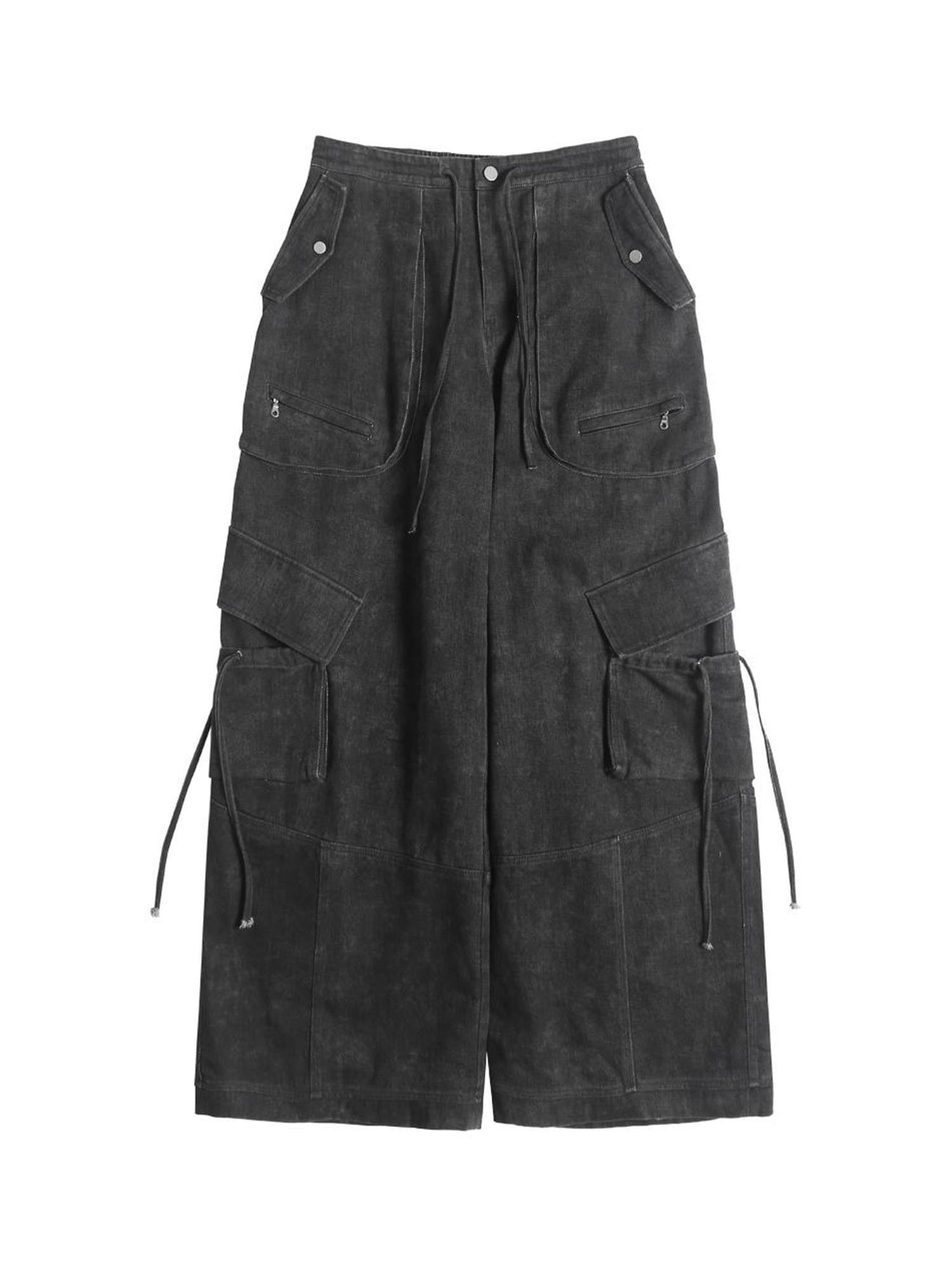ANYQUESTION Dark Gray Washed Distressed 3d Pocket Loose Women&