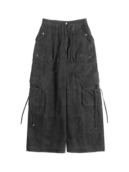 ANYQUESTION Dark Gray Washed Distressed 3d Pocket Loose Women&