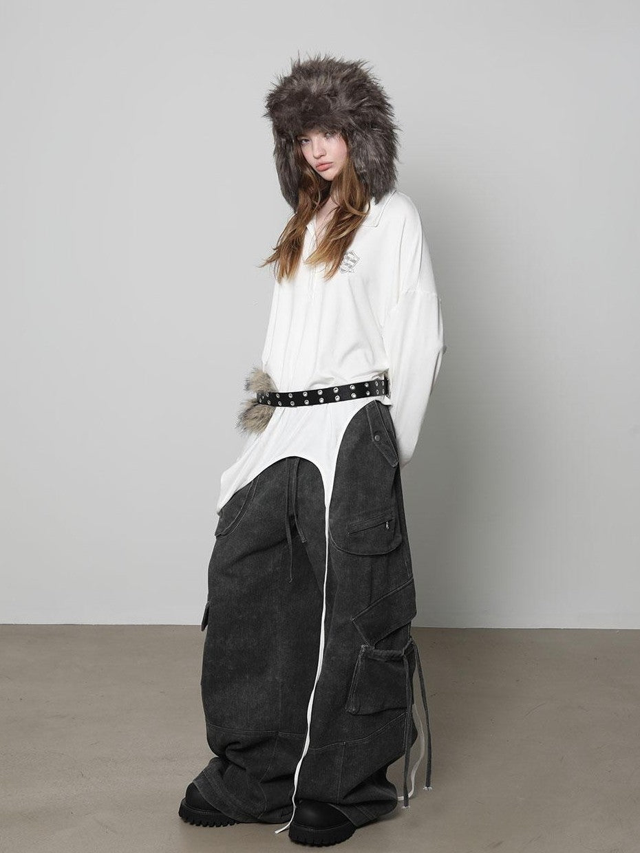 ANYQUESTION Dark Gray Washed Distressed 3d Pocket Loose Women&