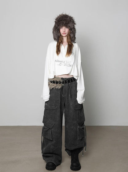 ANYQUESTION Dark Gray Washed Distressed 3d Pocket Loose Women&