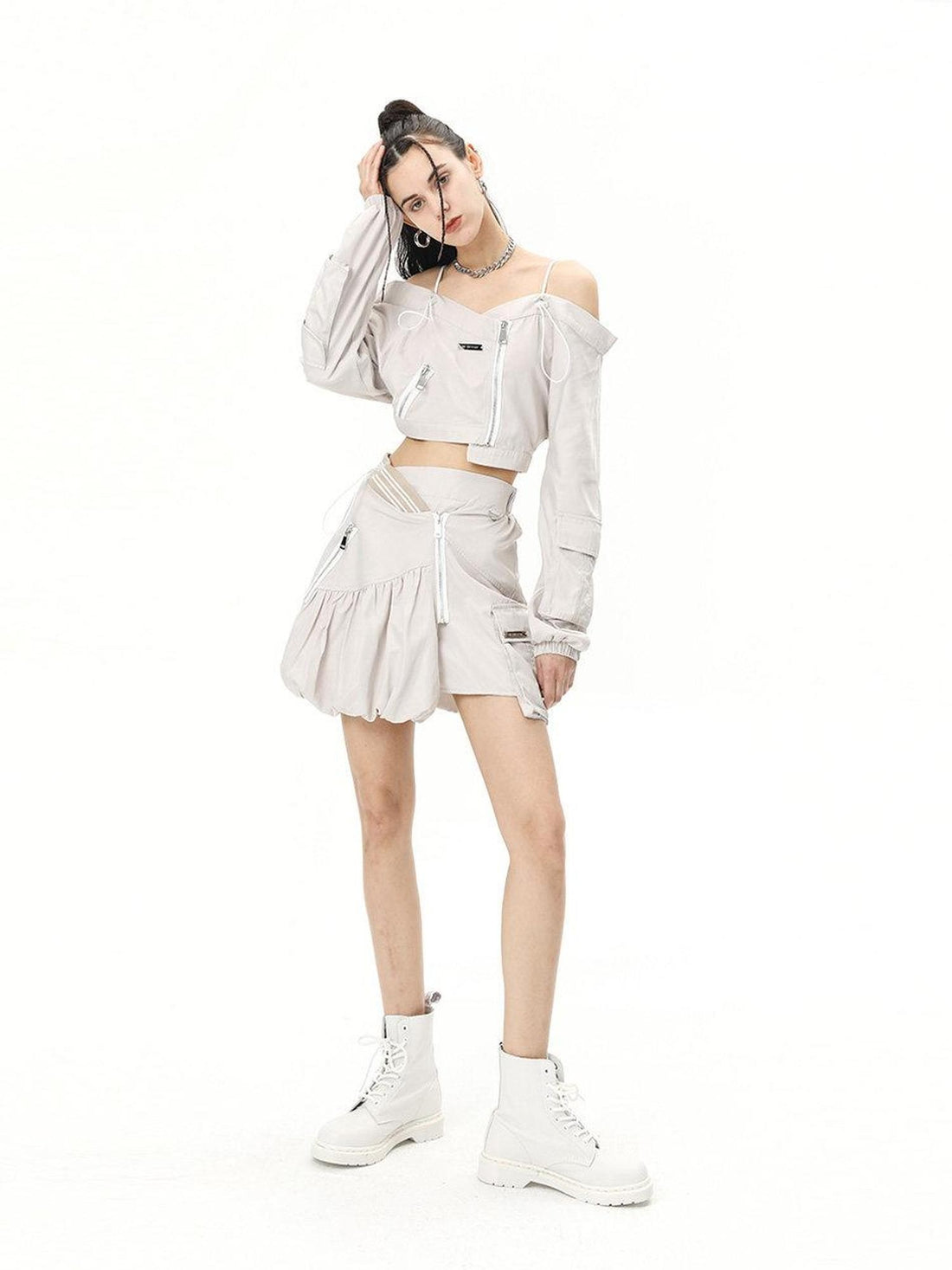 ANYQUESTION Deconstructed Asymmetrical Cami Long Sleeve Gray Women&