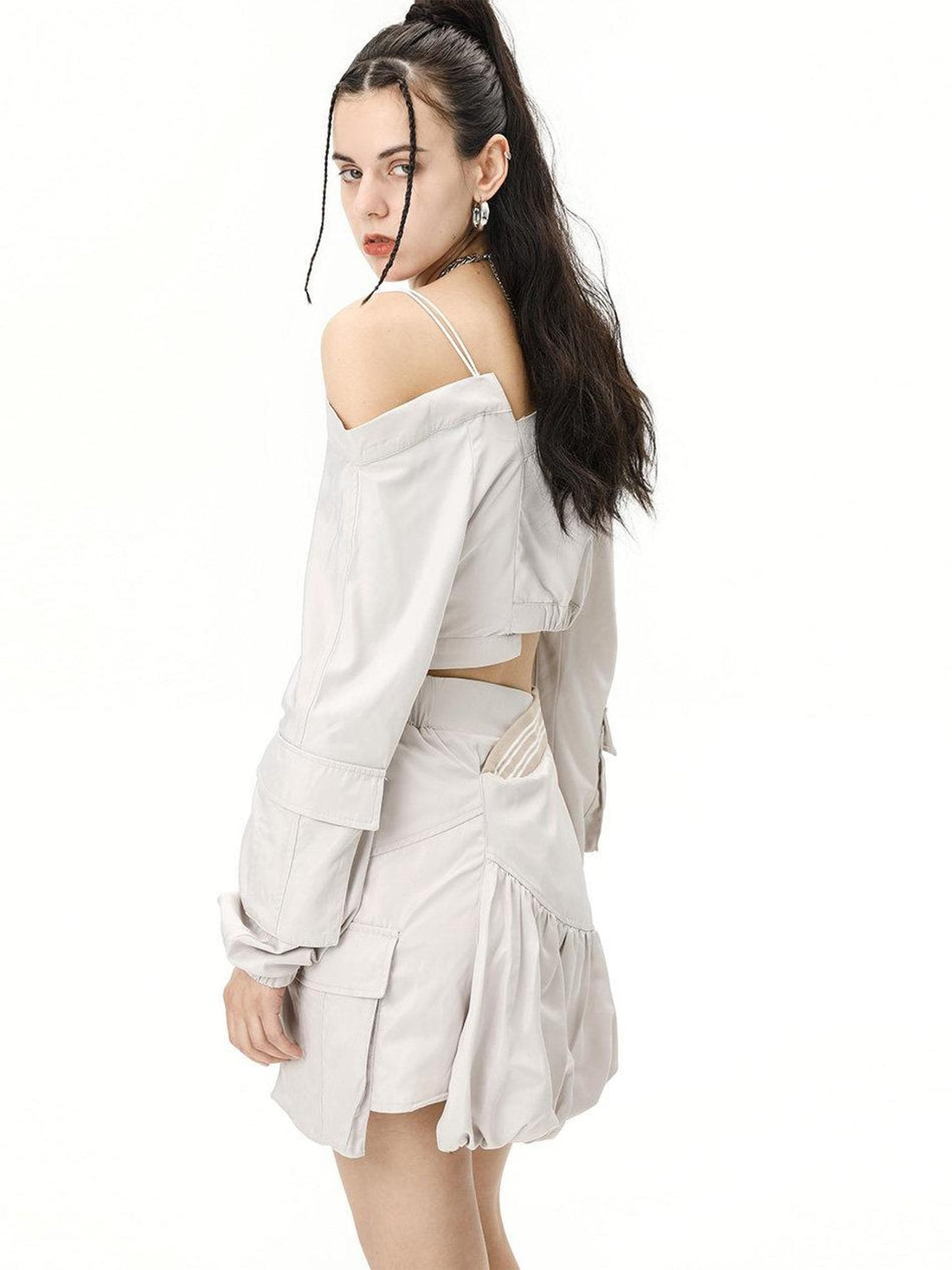 ANYQUESTION Deconstructed Asymmetrical Cami Long Sleeve Gray Women&
