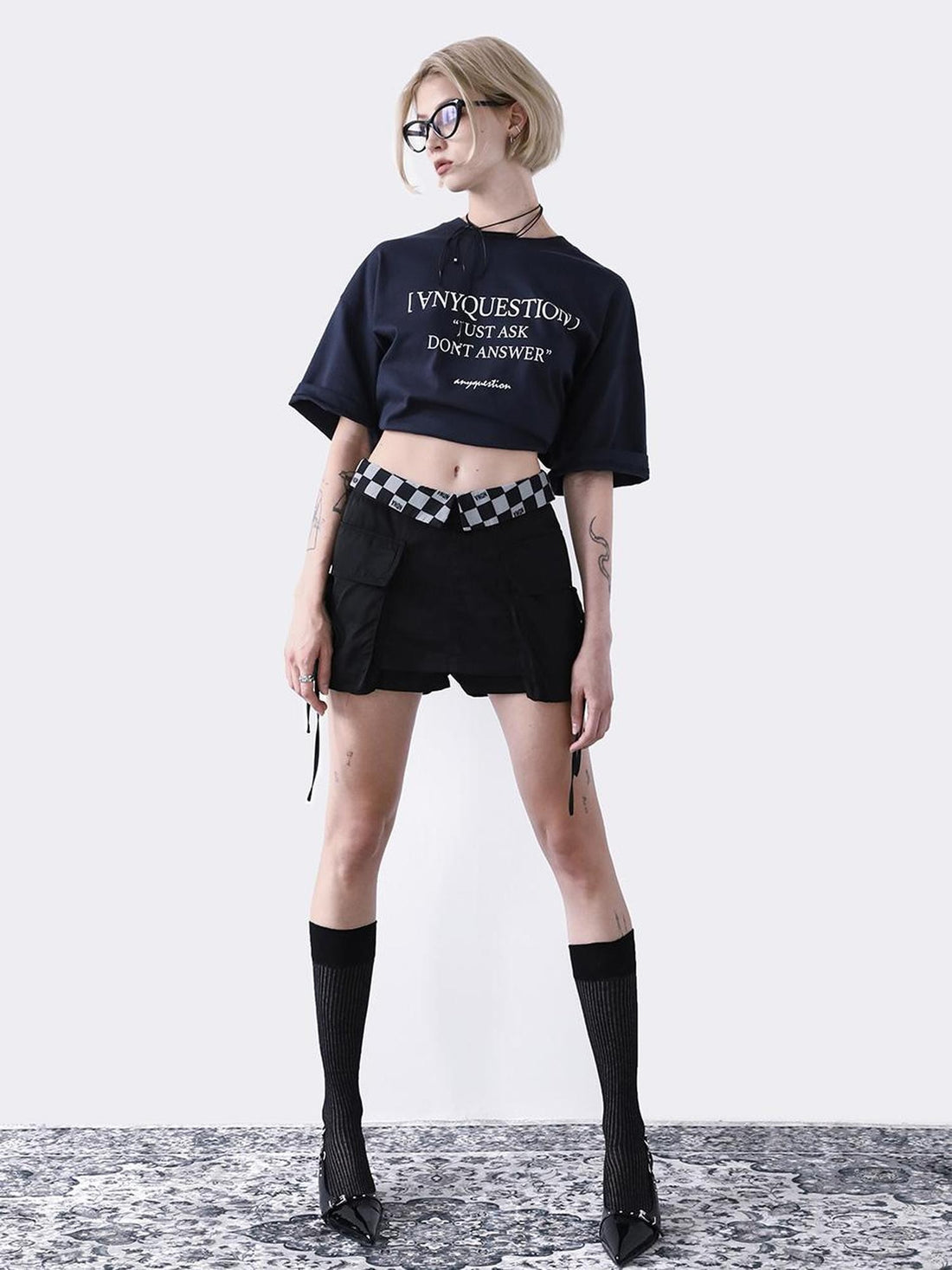ANYQUESTION Deep Blue Letter Print Drop Shoulder Crewneck Women&
