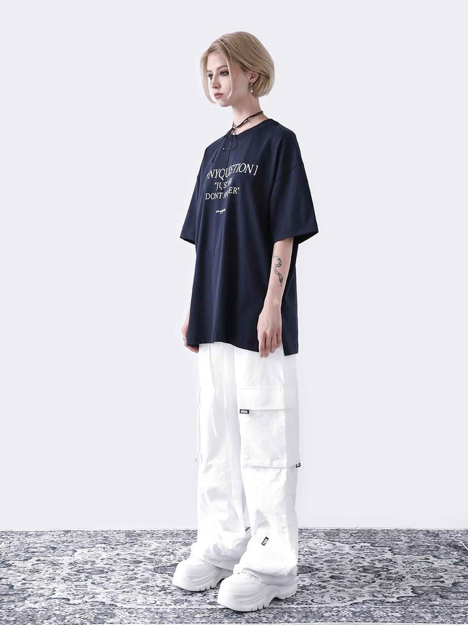 ANYQUESTION Deep Blue Letter Print Drop Shoulder Crewneck Women&