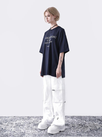 ANYQUESTION Deep Blue Letter Print Drop Shoulder Crewneck Women&