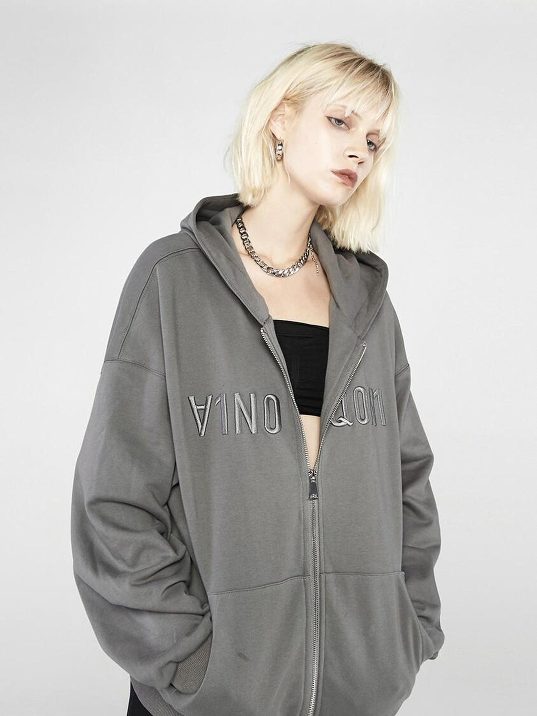 ANYQUESTION Deep Gray 3d Letter Embroidery Hooded Zip Loose Women&