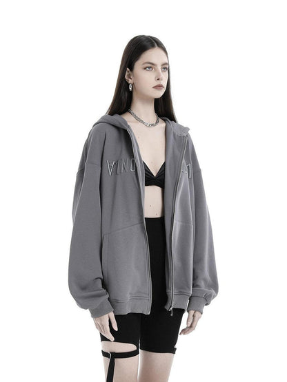 ANYQUESTION Deep Gray 3d Letter Embroidery Hooded Zip Loose Women&