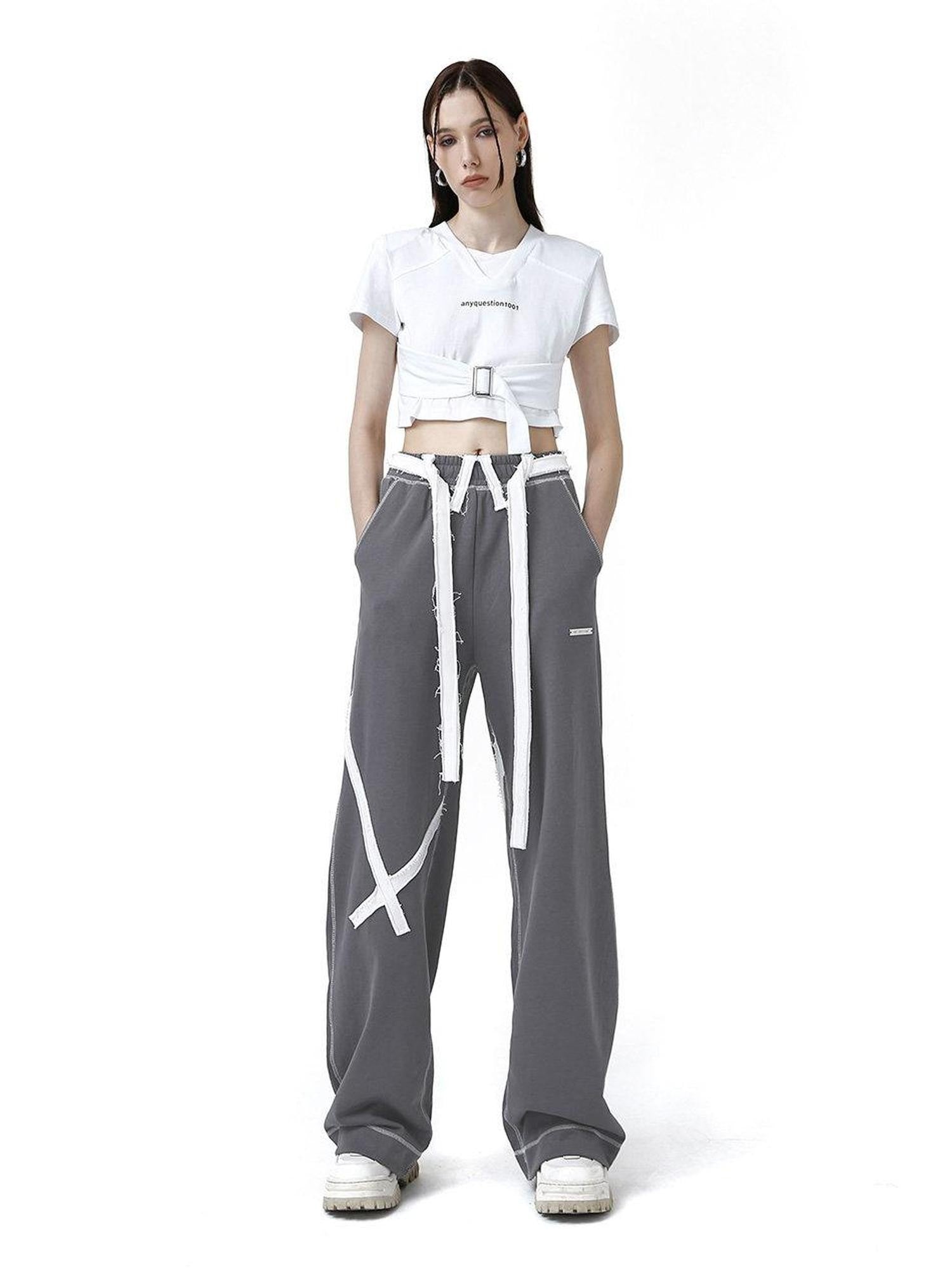ANYQUESTION Deep Gray Tape Stripe White Frayed Topstitch Women&