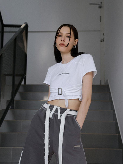 ANYQUESTION Deep Gray Tape Stripe White Frayed Topstitch Women&