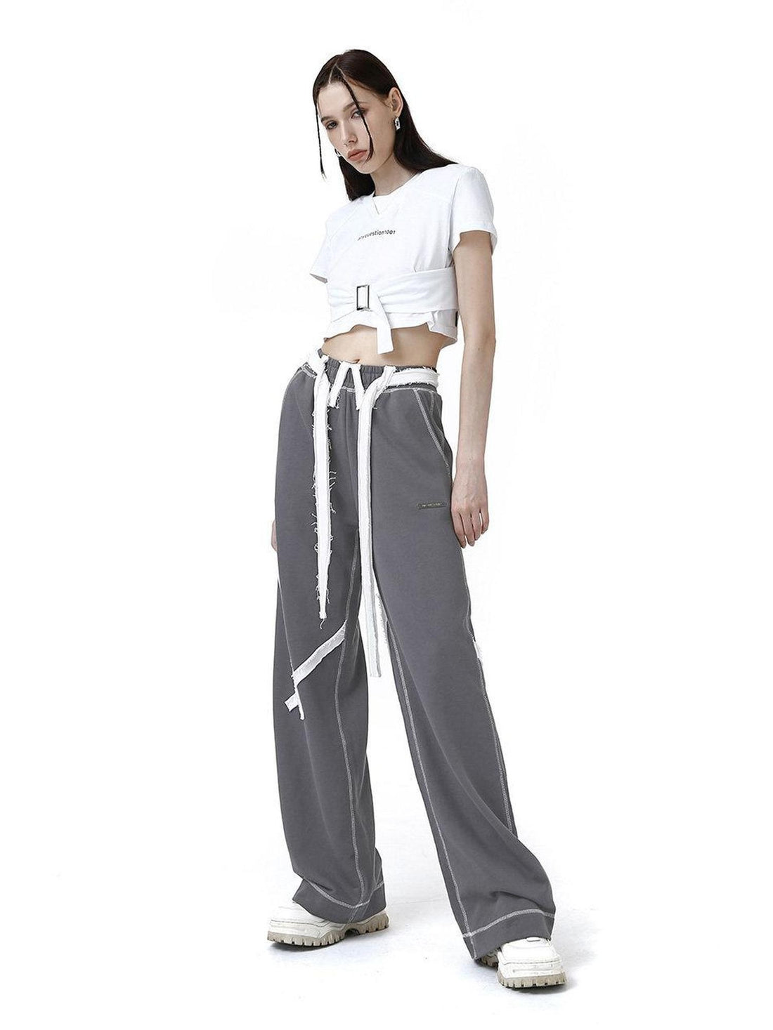 ANYQUESTION Deep Gray Tape Stripe White Frayed Topstitch Women&