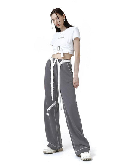 ANYQUESTION Deep Gray Tape Stripe White Frayed Topstitch Women&
