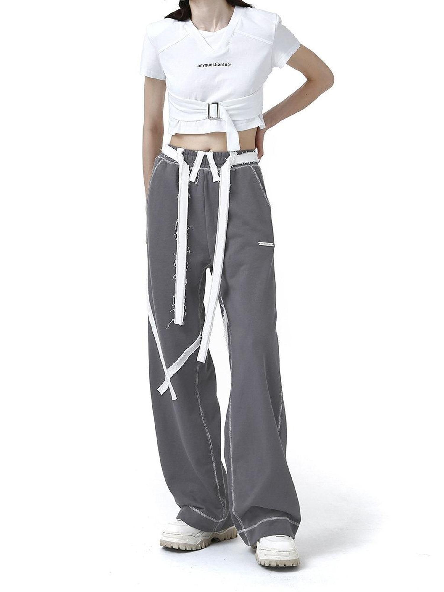 ANYQUESTION Deep Gray Tape Stripe White Frayed Topstitch Women&