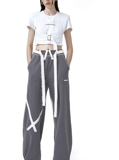ANYQUESTION Deep Gray Tape Stripe White Frayed Topstitch Women&