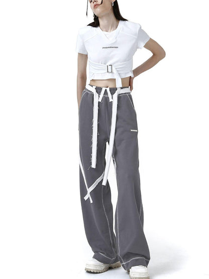 ANYQUESTION Deep Gray Tape Stripe White Frayed Topstitch Women&
