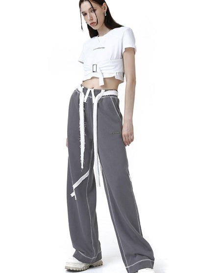 ANYQUESTION Deep Gray Tape Stripe White Frayed Topstitch Women&
