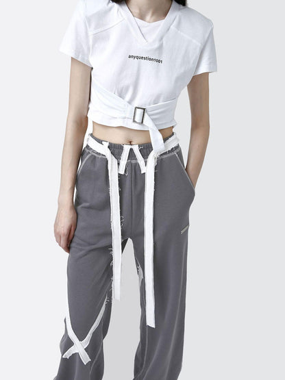 ANYQUESTION Deep Gray Tape Stripe White Frayed Topstitch Women&