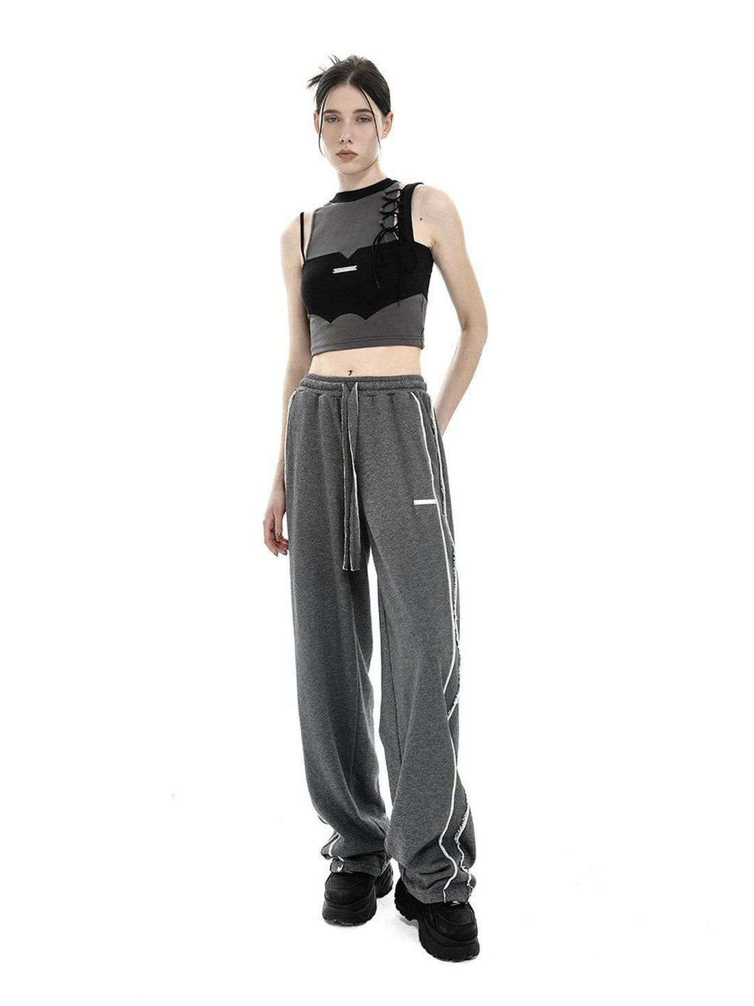 ANYQUESTION Deep Heather Gray Frayed Edge Patchwork Relaxed Fit Women&