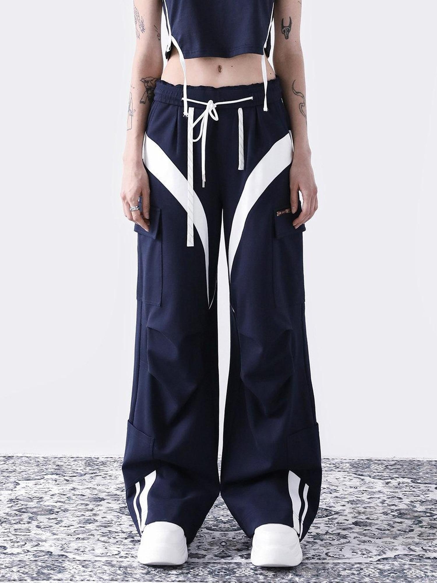 ANYQUESTION Deep Navy White Colorblock Double Waistband Wide Leg Women&