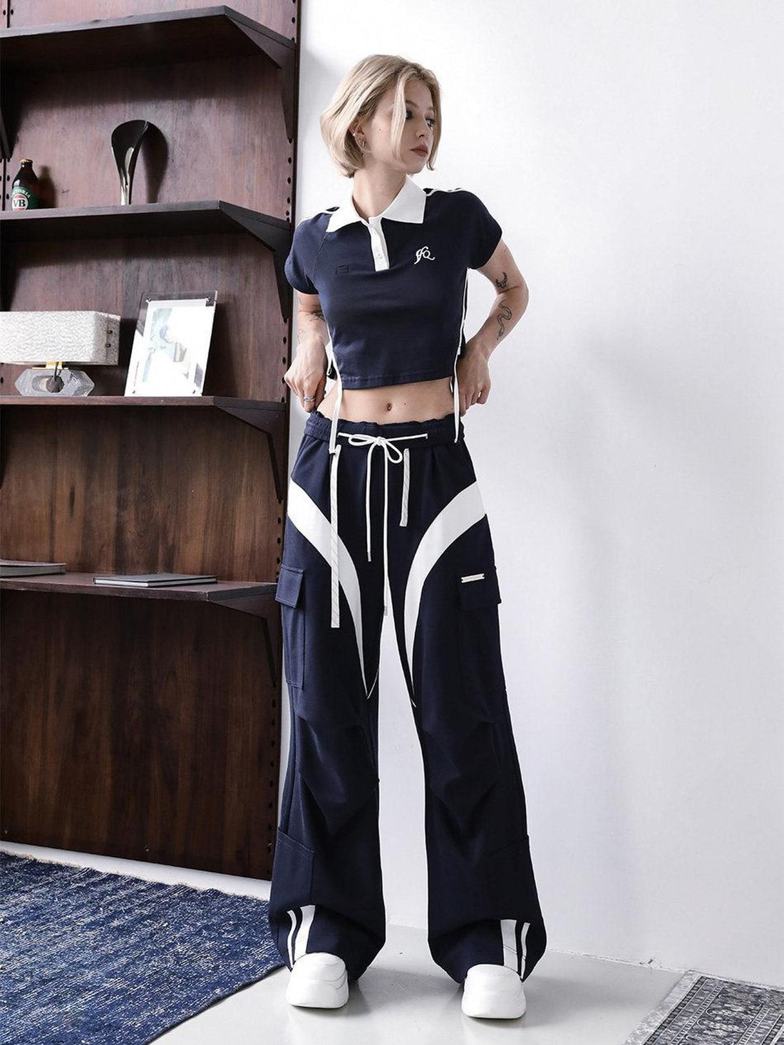 ANYQUESTION Deep Navy White Colorblock Double Waistband Wide Leg Women&