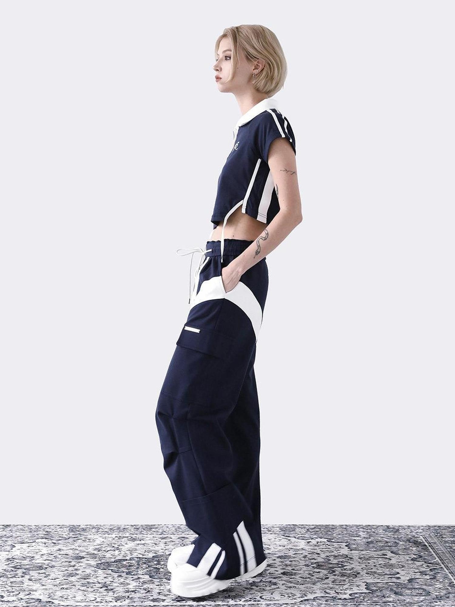 ANYQUESTION Deep Navy White Colorblock Double Waistband Wide Leg Women&