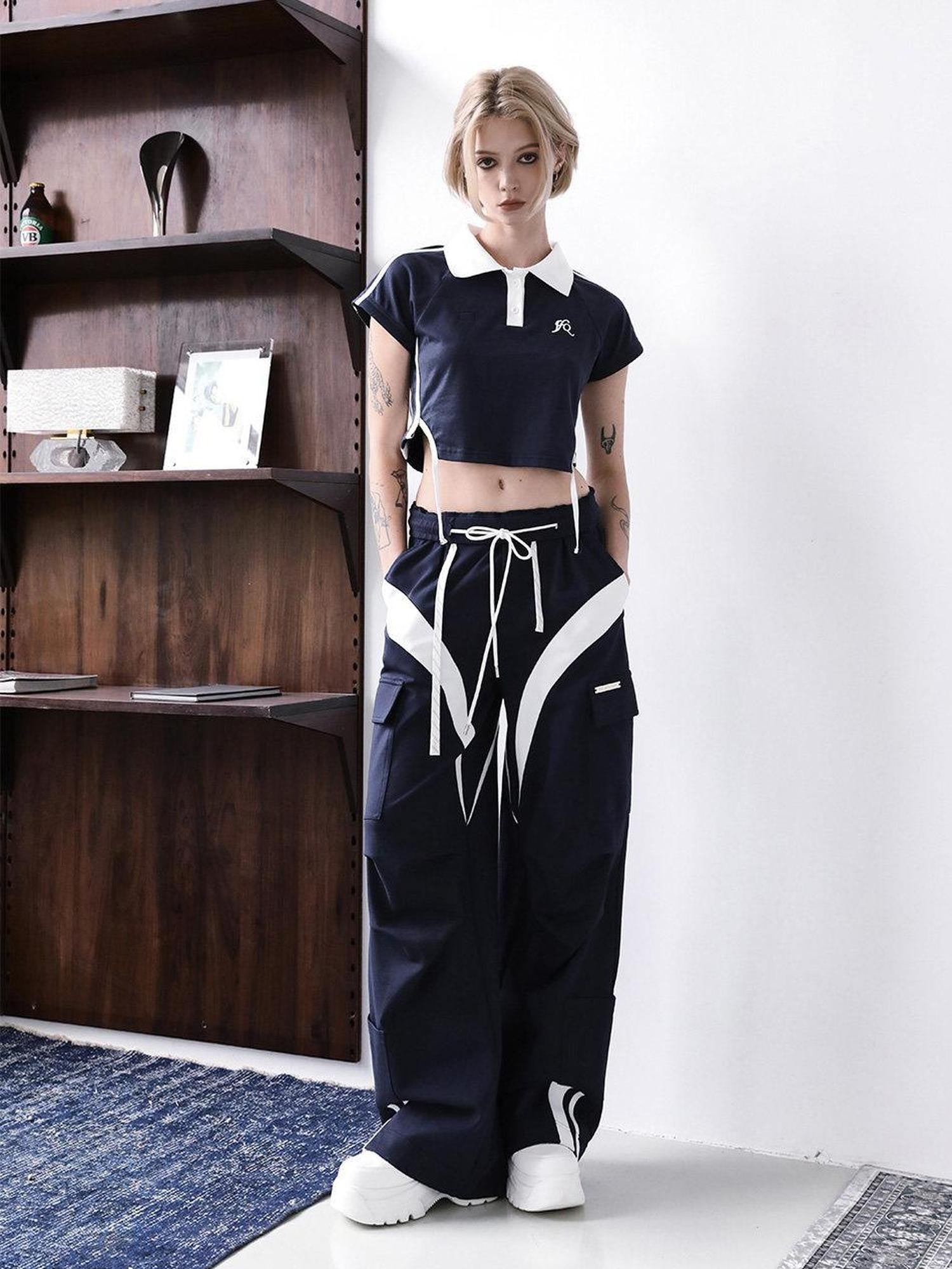 ANYQUESTION Deep Navy White Colorblock Double Waistband Wide Leg Women&