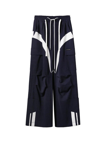 ANYQUESTION Deep Navy White Colorblock Double Waistband Wide Leg Women&