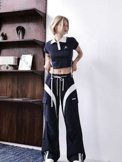 ANYQUESTION Deep Navy White Colorblock Double Waistband Wide Leg Women&