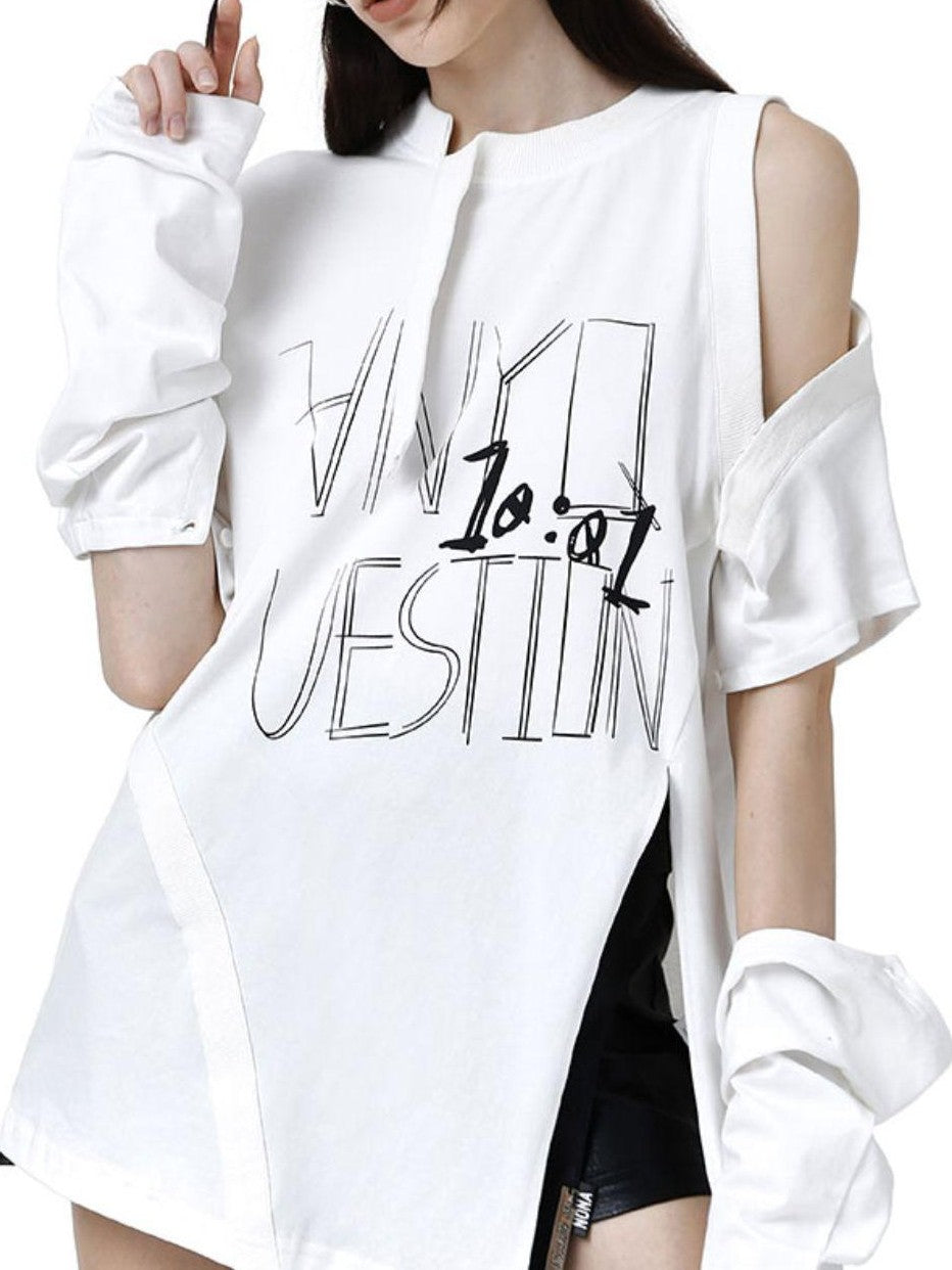 ANYQUESTION Detachable Graffiti Print Off Shoulder Women&
