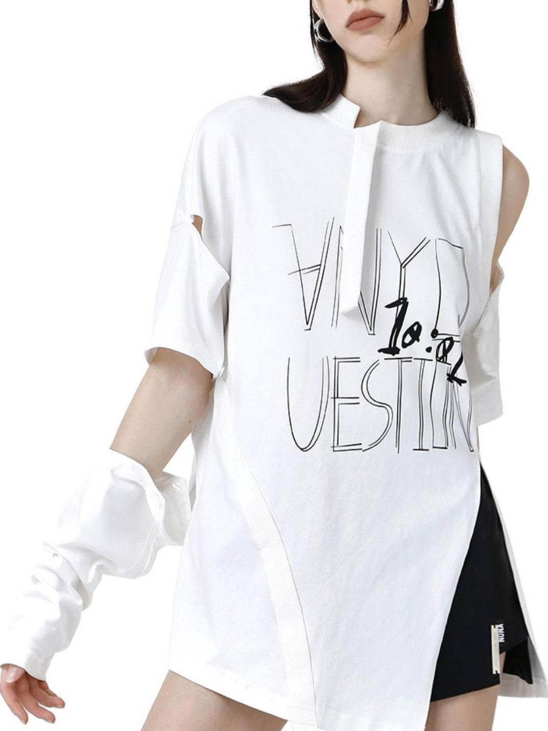 ANYQUESTION Detachable Graffiti Print Off Shoulder Women&
