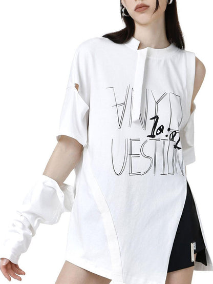 ANYQUESTION Detachable Graffiti Print Off Shoulder Women&