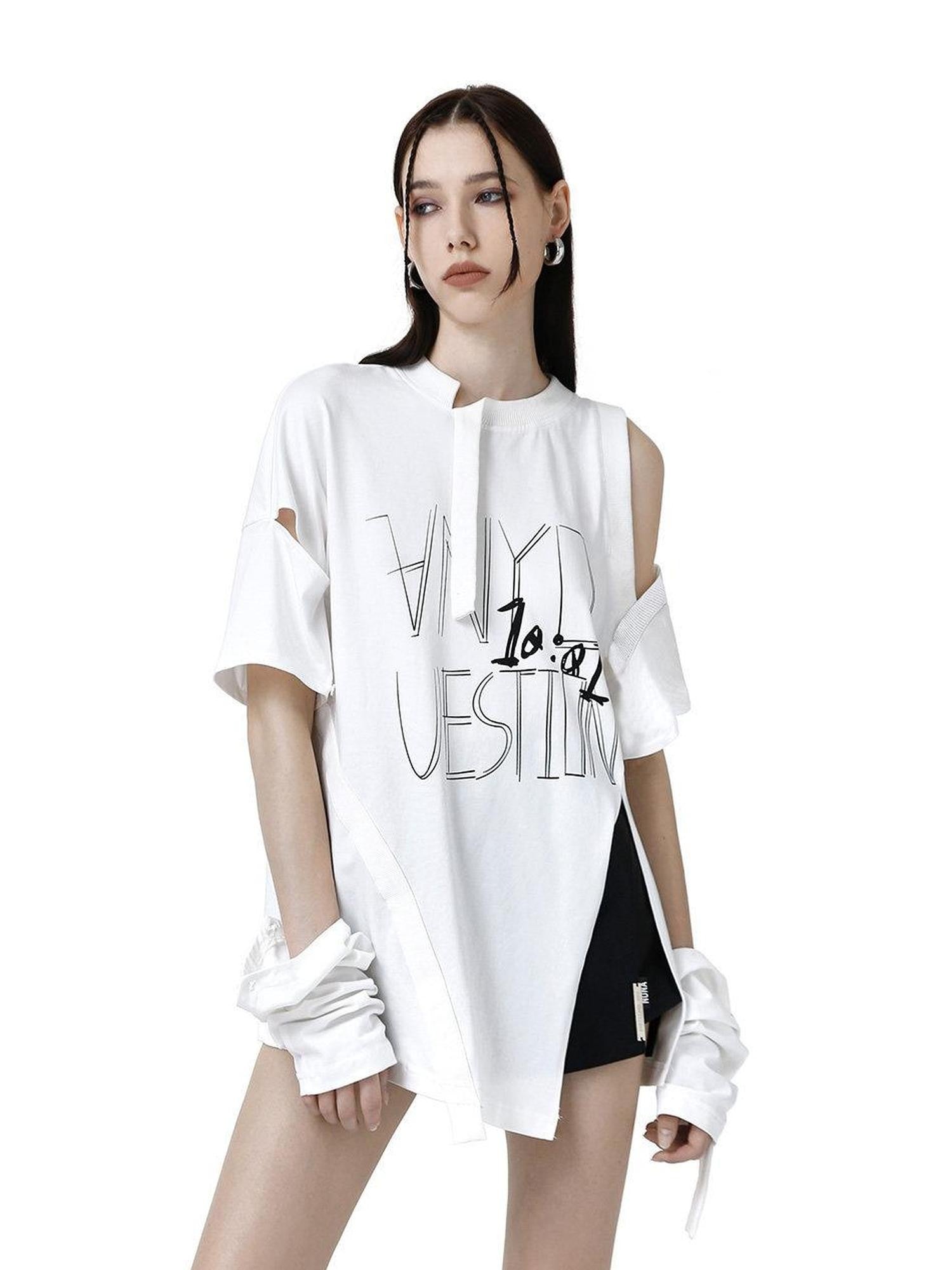 ANYQUESTION Detachable Graffiti Print Off Shoulder Women&