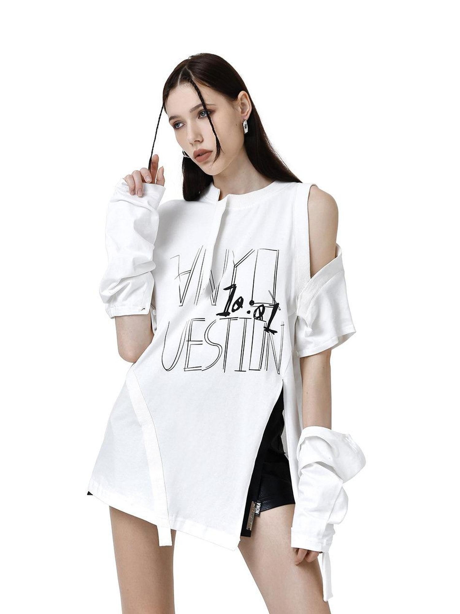ANYQUESTION Detachable Graffiti Print Off Shoulder Women&