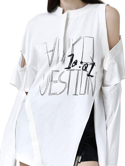 ANYQUESTION Detachable Graffiti Print Off Shoulder Women&