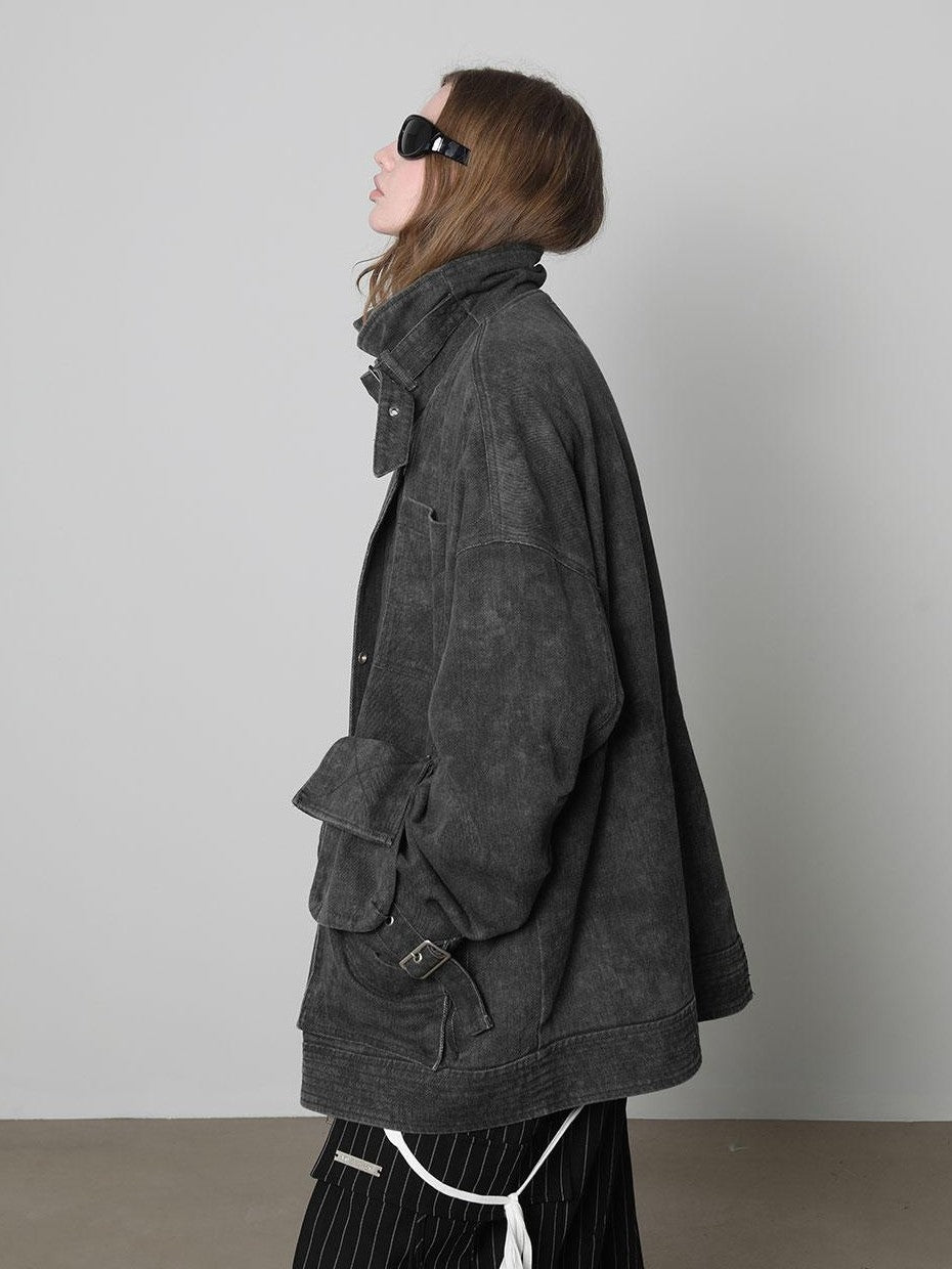 ANYQUESTION Distressed Deconstructed Stand Collar Long Sleeve Cotton Women&