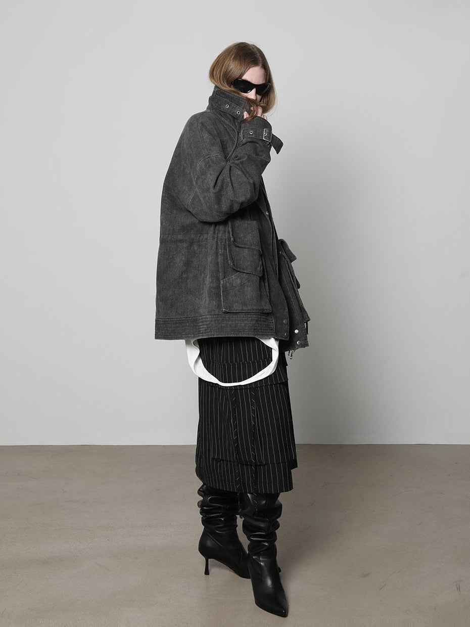 ANYQUESTION Distressed Deconstructed Stand Collar Long Sleeve Cotton Women&