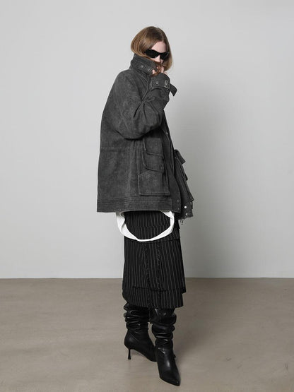 ANYQUESTION Distressed Deconstructed Stand Collar Long Sleeve Cotton Women&