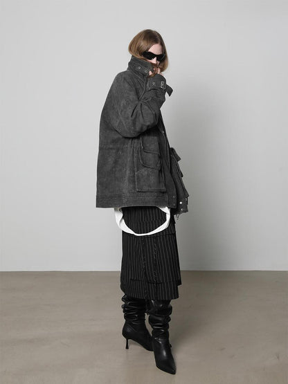 ANYQUESTION Distressed Deconstructed Stand Collar Long Sleeve Cotton Women&