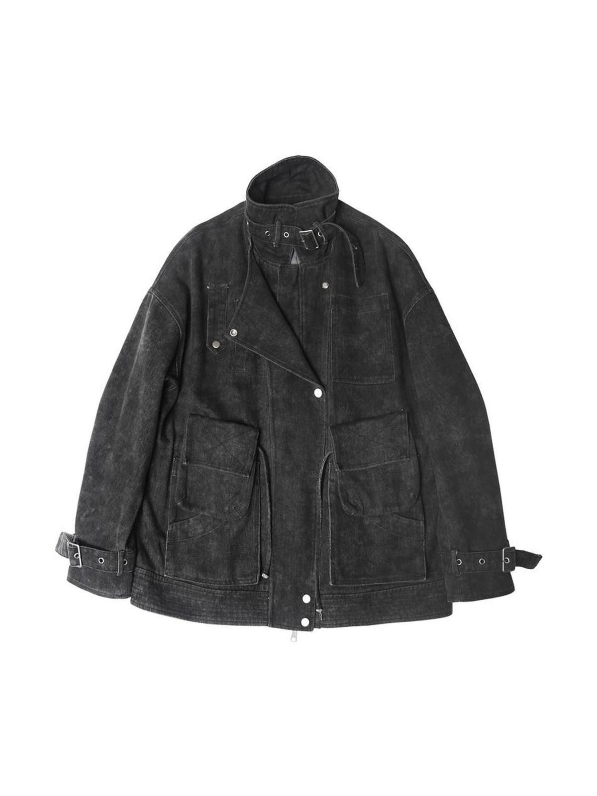 ANYQUESTION Distressed Deconstructed Stand Collar Long Sleeve Cotton Women&