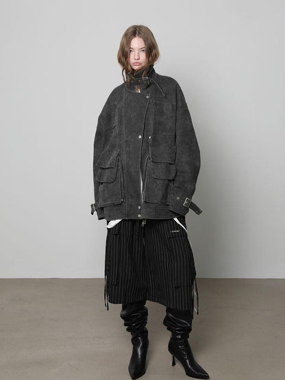 ANYQUESTION Distressed Deconstructed Stand Collar Long Sleeve Cotton Women&